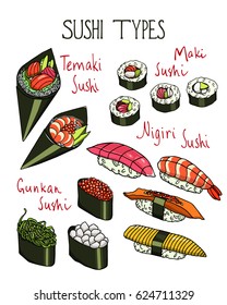 Vector visual guide of hand drawn sushi styles. Beautiful food design elements, perfect for any business related to the food industry.