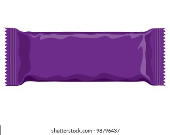 Vector visual of purple flow wrap plastic packet for biscuit, wafer, crackers, sweets, chocolate, candy, cereal bar, snacks etc