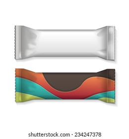 Vector Visual Of White Or Clear Plain Flow Wrap Plastic Foil Packet, Packaging Or Wrapper For Biscuit, Wafer, Crackers, Sweets, Chocolate Bar, Candy Bar, Snacks Etc