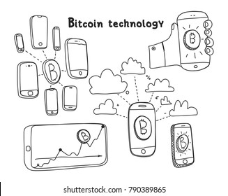 Vector visualization concept of electronic commerce. Mobile blockchain techtology payment transaction donation. Mining Bitcoin. Cloud technology. Hand drawing illustrations set. Doodle sketch