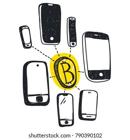 Vector visualization concept of electronic commerce. Online bitcoin payment.  smartphone with coin. Pay per click by virtual currency. Hand drawing illustrations. Doodle sketch  