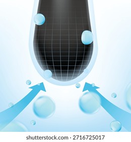Vector de visualización de un bulbo de folículo piloso. Las flechas azules muestran una profunda absorción de nutrientes en suero y la tecnología que activa la raíz para la estimulación del crecimiento, la reparación y el tratamiento contra la pérdida de cabello.