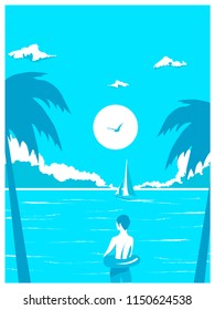 vector vitage poster of a boy on the tropical beach, blue ocean with yacht and cloudy sky