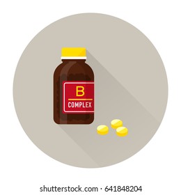 vector vitamin B complex, brown glass bottle and pills / sign and icon template, isolated on white