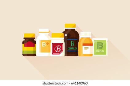vector vitamin b product collection / brown glass, plastic bottle, zipper bag / health care concept