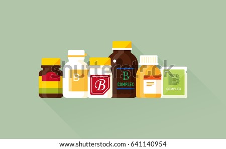 vector vitamin b product collection / brown glass, plastic bottle, zipper bag / health care concept