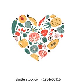 Vector vitamin C (ascorbic acid) sources set. Fruits, vegetables and berries collection. Heart shape, Healthy food, dietetics products, organic. Cartoon flat illustration