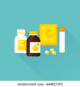 vector vitamin C product collection / glass, plastic bottle and pills / zipper bag