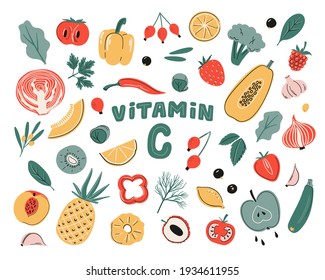 Vector vitamin C sources set. Fruits, vegetables and berries collection. Healfy food, dietetics products, organic. Cartoon flat illustration 