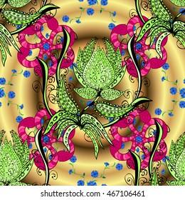 Vector vivid abstract hand drawn pattern with plants on yellow and golden round gradient background.