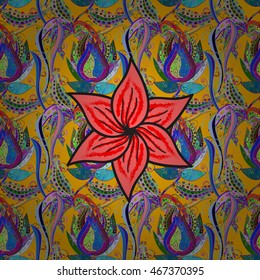Vector vivid abstract hand drawn pattern with plants on yellow background.
