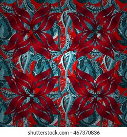 Vector vivid abstract hand drawn pattern with plants on blue gradient floral background.