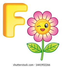 Vector vivid alphabet with capital letters of the English alphabet and cute cartoon illustrations. Poster for kindergarten and preschool. Cards for learning English. Letter F. Flower