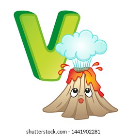 Vector vivid alphabet with capital letters of the English alphabet and cute cartoon illustrations. Poster for kindergarten and preschool. Cards for learning English. Letter V. Volcano