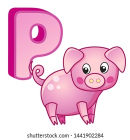 Vector vivid alphabet with capital letters of the English alphabet and cute cartoon illustrations. Poster for kindergarten and preschool. Cards for learning English. Letter P. Pig