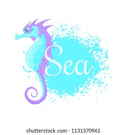 Vector vivid card of a turquoise and violet sea horce with text in the blot of paint isolated on the white background.