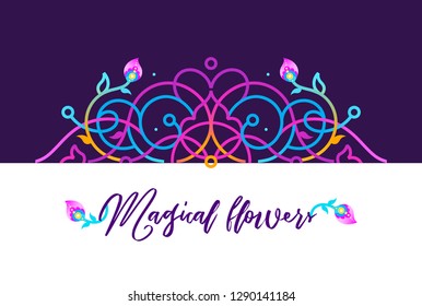 Vector vivid  frame, place for text. Neon border. Acid color  illustration; floral ornament for frame design. Eastern style element. Arabic morocco motifs, fluorescence decor. Geometric decoration.