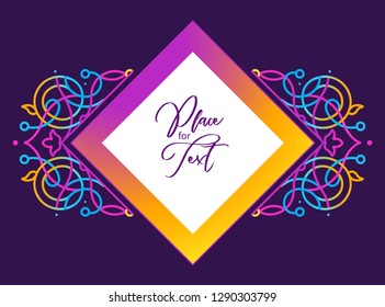Vector vivid  frame, place for text. Neon border. Acid color  illustration; floral ornament for frame design. Eastern style element. Arabic morocco motifs, fluorescence decor. Geometric decoration.