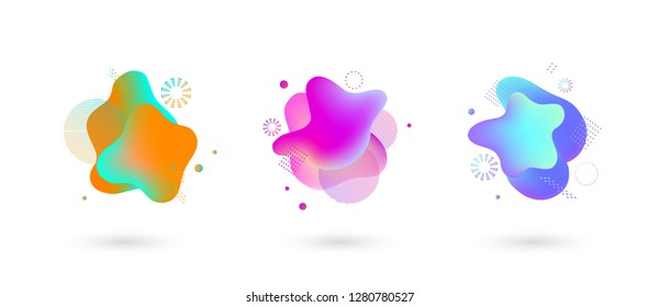 Vector vivid gradient spots with geometric symbols set on isolated background. Abstract elements for trendy vibrant color design. Fluid blots, wavy dops, flowing elements. Plasma splash illustration