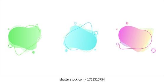 Vector vivid gradient spots with geometric symbols set on isolated background. Abstract elements for trendy vibrant color design. Fluid blots, wavy dops, flowing elements. Plasma splash illustration