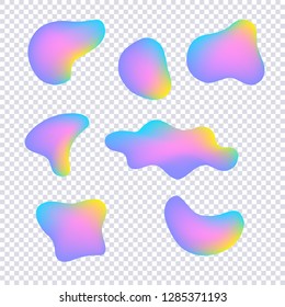 Vector vivid gradient spots set on transparent background. Abstract elements for trendy vibrant color design. Fluid blots, wavy dops, flowing elements. Plasma paint splash illustration