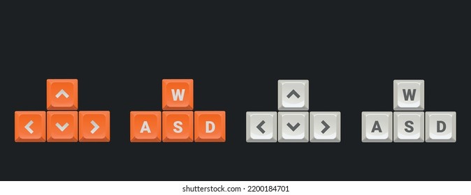 Vector vivid illustration with the main keys for games. In orange and white isolated on a dark background. 