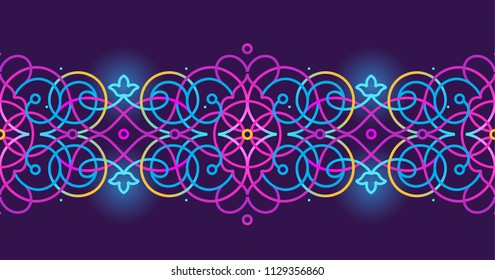 Vector vivid illustration. Neon seamless border. Acid color frame; floral ornament for frame design. Eastern style element. Arabic morocco motifs, fluorescence decor. Geometric decoration.