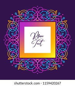 Vector vivid illustration, place for text. Neon seamless border. Acid color frame; floral ornament for design. Eastern style element. Arabic morocco motifs, fluorescence decor. Geometric decoration.