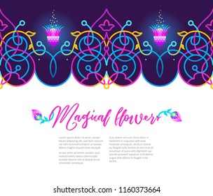 Vector vivid illustration, place for text. Neon seamless border. Acid color frame; floral ornament for frame design. Eastern style element. Arabic motifs, fluorescence decor. Geometric decoration.