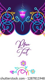 Vector vivid illustration, place for text. Neon seamless border. Acid color frame; floral ornament for frame design. Eastern style element. Arabic motifs, fluorescence decor. Geometric decoration.