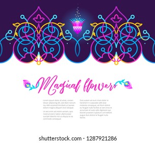 Vector vivid illustration, place for text. Neon seamless border. Acid color frame; floral ornament for frame design. Eastern style element. Arabic motifs, fluorescence decor. Geometric decoration.