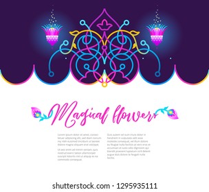 Vector vivid illustration, place for text. Neon seamless border. Acid color frame; floral ornament for frame design. Eastern style element. Arabic motifs, fluorescence decor. Geometric decoration.