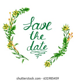Vector vivid illustration with some field summer flowers as a frame augmented with a cute inscription. Save the date and holiday themes, design element.