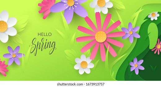 Vector vivid illustration with text Hello Spring and paper cut out flowers on layered green background. Season horizontal background with cartoon 3d chamomiles and grass with place for text.