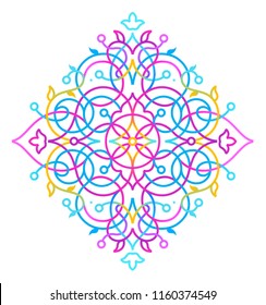 Vector vivid illustration t-shirt design. Geometric decor; floral ornament, acid neon color design element. Eastern style colorful decoration. Arabic morocco motifs. Ornament for yoga logo. Mandala.