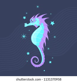Vector vivid illustration of a turquoise and violet sea horse with stars on the dark blue background.