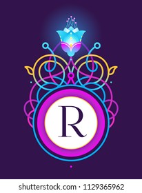 Vector vivid monogram, illustration. Neon monograms design template. Acid color frame; floral ornament. Fluorescence  geometric decoration for invitation, label, tag, logo design. Monogram identity.