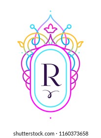 Vector vivid monogram, illustration. Neon monograms design template. Acid color frame; floral ornament. Fluorescence  geometric decoration for invitation, label, tag, logo design. Monogram identity.