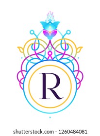 Vector vivid monogram, illustration. Neon monograms design template. Acid color frame; floral ornament. Fluorescence  geometric decoration for invitation, label, tag, logo design. Monogram identity.