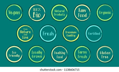 Vector vivid organic labels, eco stamps for restaurants menu, natural products packaging. Fresh raw food vegan gluten free eco friendly premium quality locally grown organic healthy food labels.