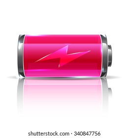 Vector vivid pink battery, full charge with lighting. Realistic illustration for energy project