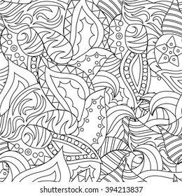 Vector vivid seamless abstract hand drawn pattern with plants. Wave patterns seamlessly tiling. Hand drawn seamless floral background. Doodle style.