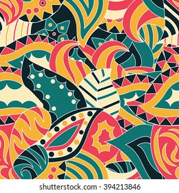 Vector vivid seamless abstract hand drawn pattern with plants. Wave patterns seamlessly tiling. Hand drawn seamless floral background. Doodle style.