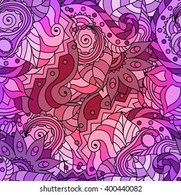 Vector vivid seamless abstract hand drawn pattern with plants. Wave patterns seamlessly tiling. Hand drawn seamless floral background. Doodle style.