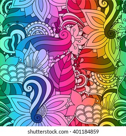 Vector vivid seamless abstract hand drawn pattern with plants. Wave patterns seamlessly tiling. Hand drawn seamless floral background. Doodle style. Zentangle style. Rainbow color.