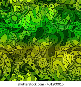 Vector vivid seamless abstract hand drawn pattern with plants. Wave patterns seamlessly tiling. Hand drawn seamless floral background. Doodle style.