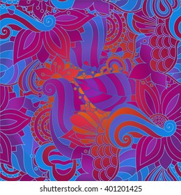 Vector vivid seamless abstract hand drawn pattern with plants. Wave patterns seamlessly tiling. Hand drawn seamless floral background. Doodle style. Zentangle style.