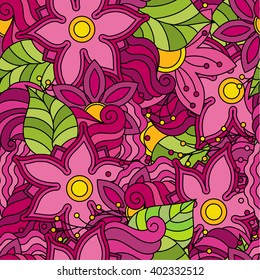 Vector vivid seamless abstract hand drawn pattern with plants. Wave patterns seamlessly tiling. Hand drawn seamless floral background. Doodle style.