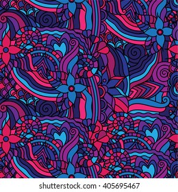 Vector vivid seamless abstract hand drawn pattern with plants. Wave patterns seamlessly tiling. Hand drawn seamless floral background. Doodle style.