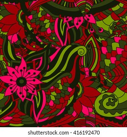 Vector vivid seamless abstract hand drawn pattern with plants. 